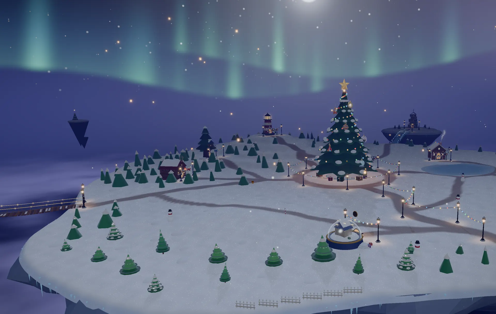 The Floating Snow Island at night: a glowing Christmas tree on a snowy island under the northern lights, with lamplit paths and little houses.