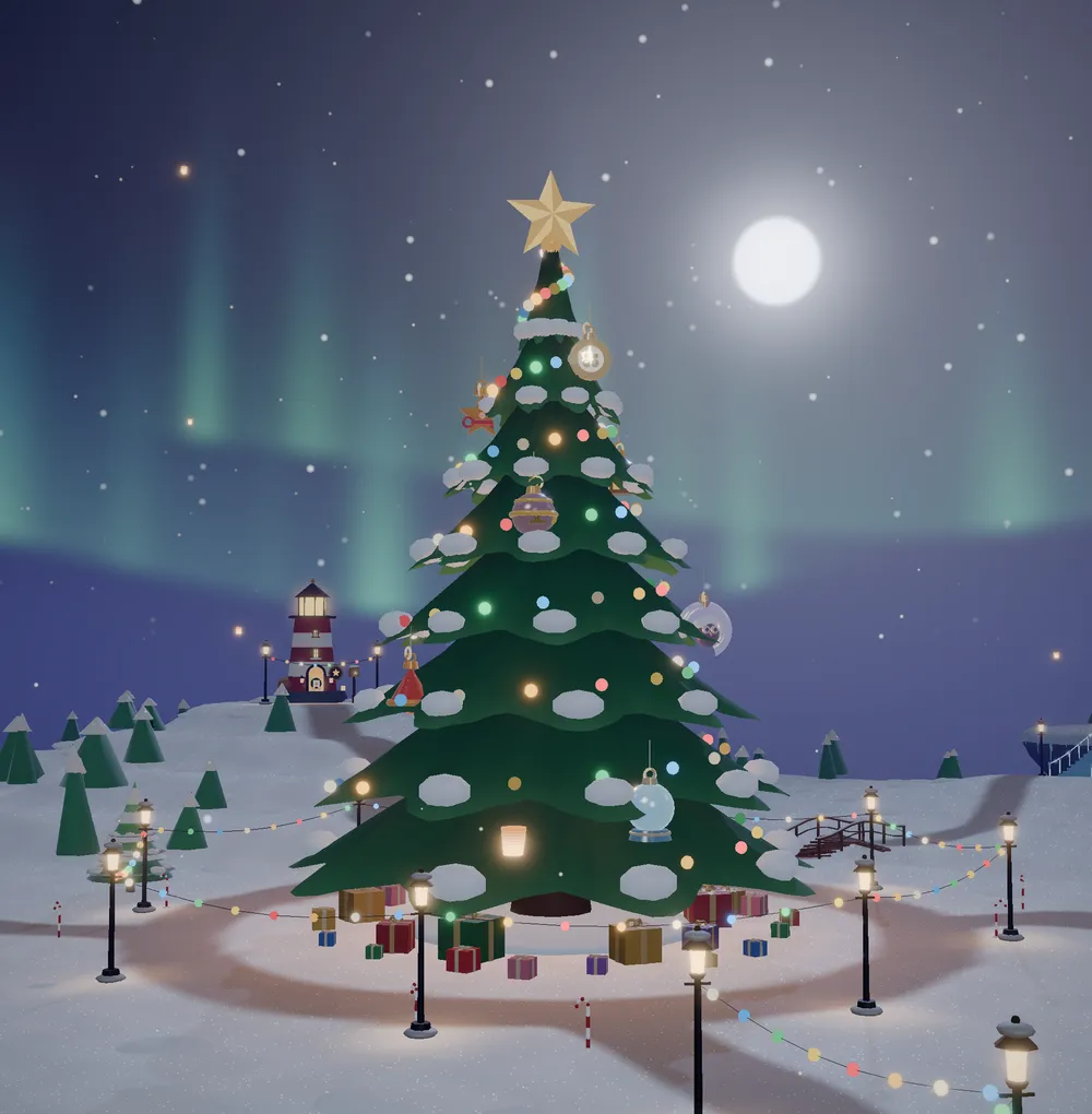 The giant tree with all nine ornaments hung and the star lit, under the aurora.