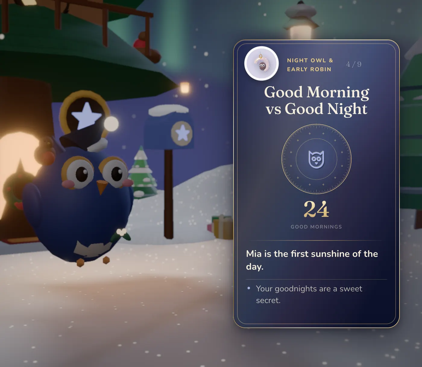 In the game: the Night Owl beside its house, and its card, Good Morning vs Good Night: Mia is the first sunshine of the day.